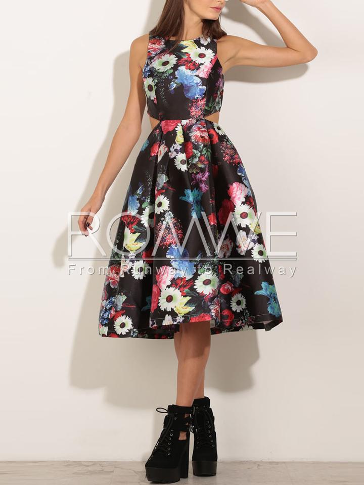 Romwe Black Sleeveless Back Cut Out Floral Dress