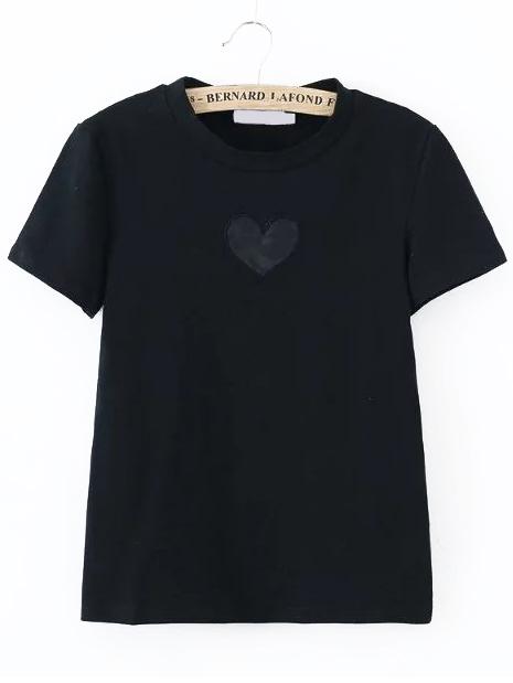 Romwe Black Heart Embroided T-shirt