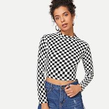 Romwe Gingham Print Crop Tee