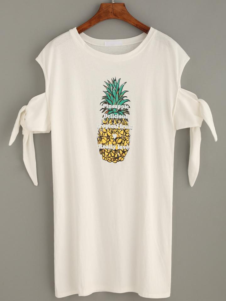 Romwe White Open Shoulder Pineapple Print Tee Dress