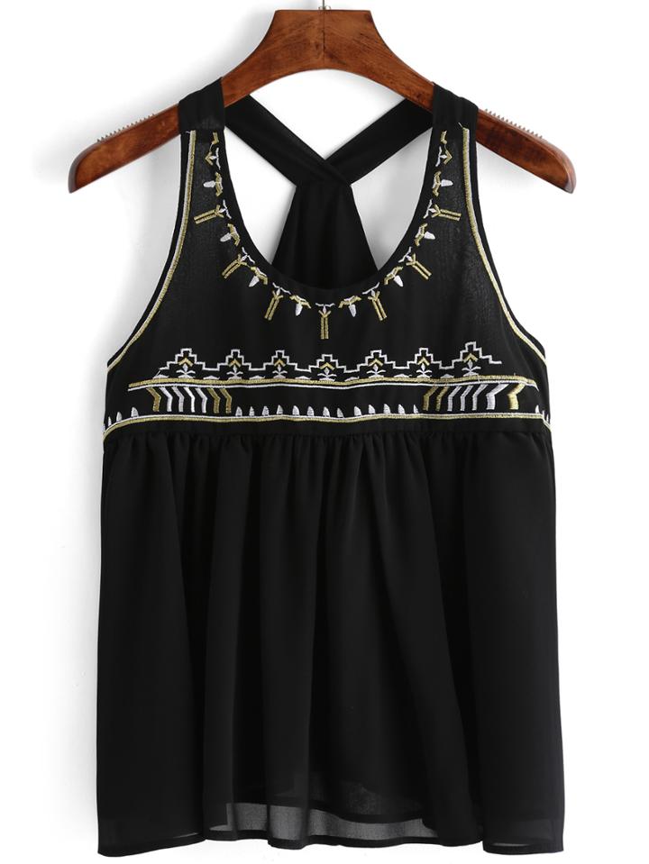 Romwe Y-back Embroidered Tank Top