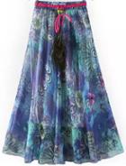 Romwe Purple Drawstring Waist Peacock Print Skirt