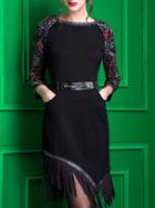Romwe Black Contrast Pu Jacquard Pockets Tassel Dress