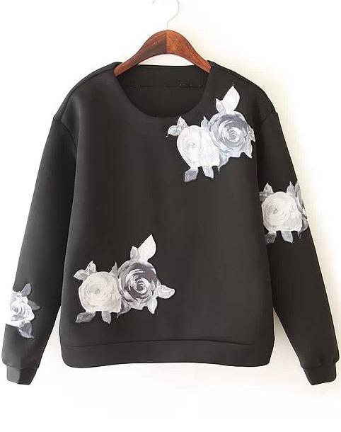 Romwe Black Long Sleeve Floral Crop Sweatshirt