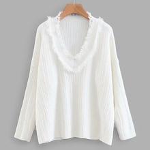 Romwe V-neck Fringe Trim Rib Knit Jumper