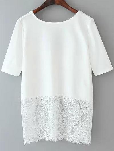 Romwe White Short Sleeve Lace Hem Backless Blouse