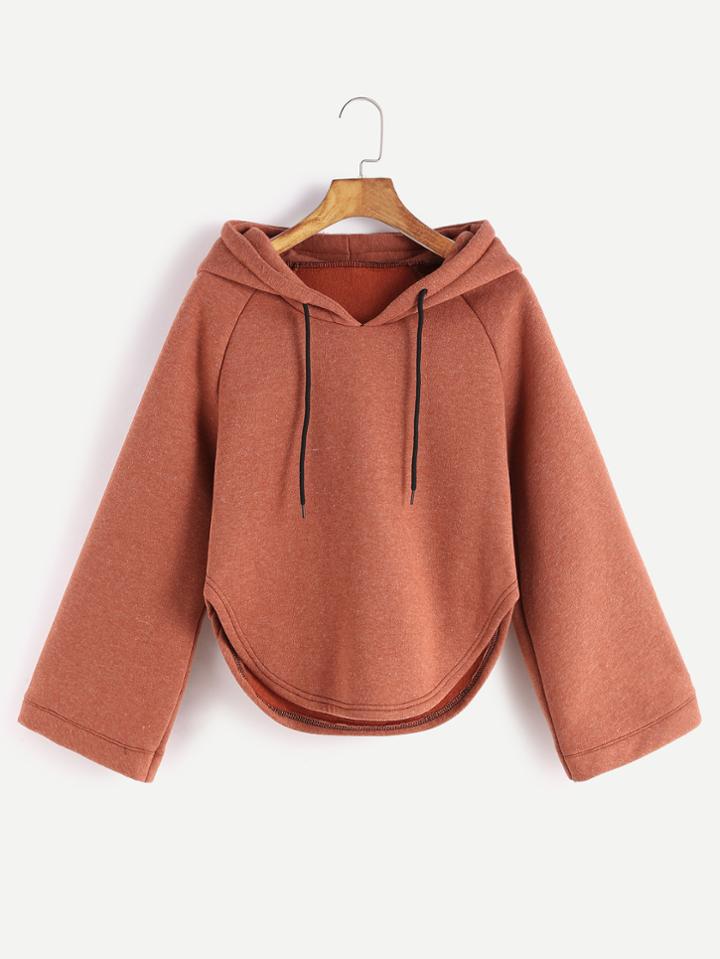Romwe Brick Red Raglan Sleeve Drawstring Hooded Curved Hem Sweatshirt