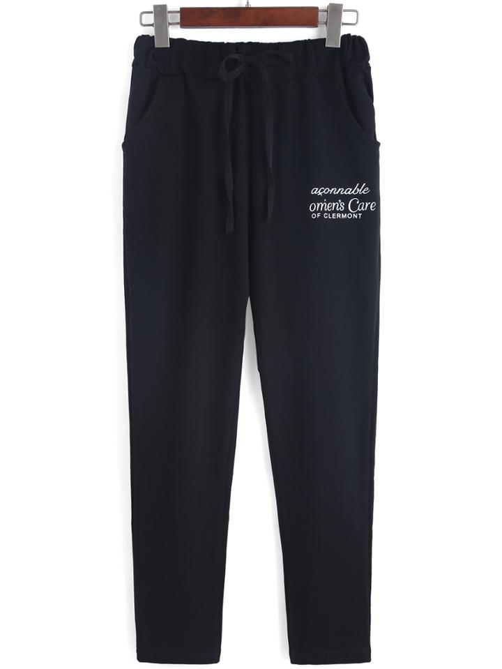 Romwe Letter Print Elastic Waist Pant