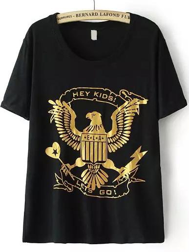 Romwe Eagle Pattern Print Black T-shirt