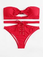 Romwe Lace Up Cut Out Bandeau Bikini Set