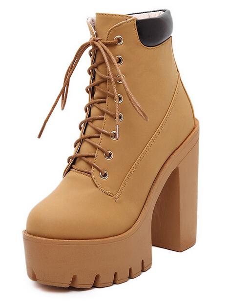 Romwe Apricot Lace Up Rugged Chunky Boots