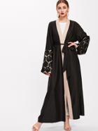 Romwe Contrast Floral Lace Detail Sleeve Self Tie Abaya