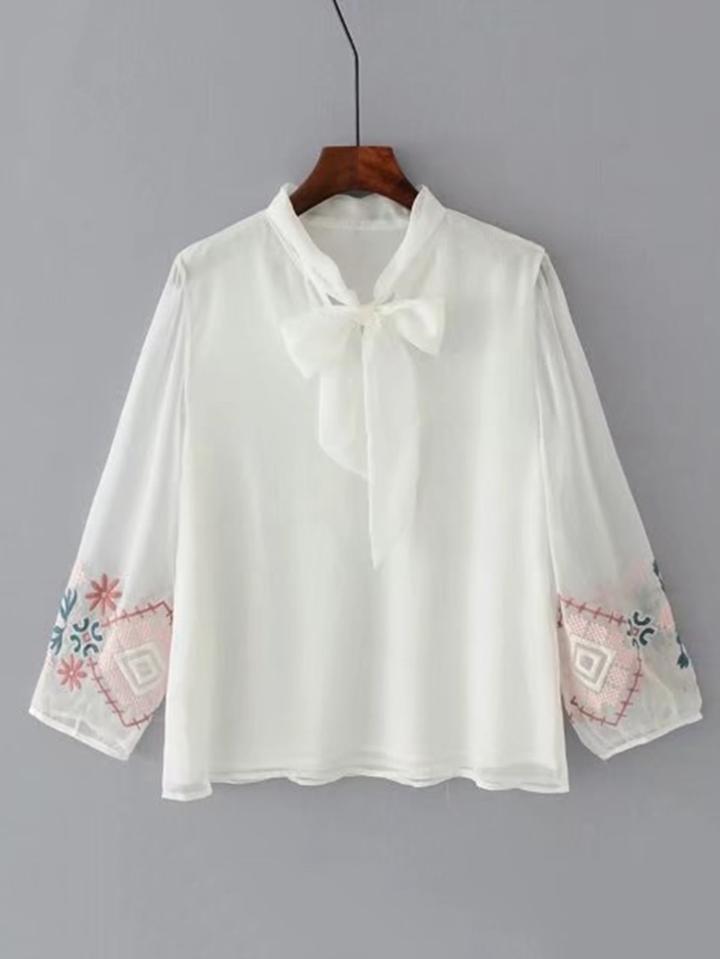Romwe Embroidered Mesh Sleeve Bow Tie Neck Blouse