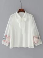 Romwe Embroidered Mesh Sleeve Bow Tie Neck Blouse