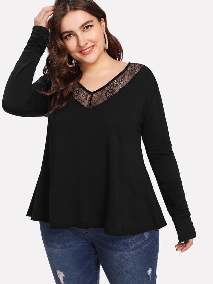 Romwe Contrast Lace Trim Keyhole Back Tee