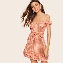 Romwe Ruffle Strap Gingham Top And Layered Skirt Set
