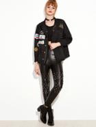 Romwe Black Patch Drawstring Detail Studded Jacket