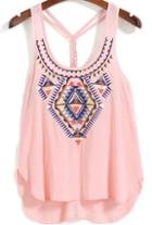 Romwe Straps Embroidered Pink Cami Top