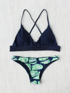 Romwe Abstract Print Cross Back Bikini Set