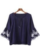 Romwe Navy Embroidery Bell Sleeve Lace Up Blouse