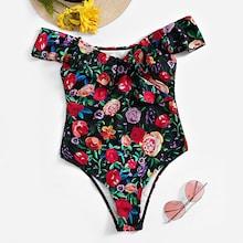 Romwe Random Floral Ruffle Bardot One Piece Swimsuit