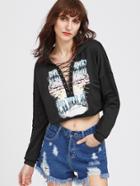 Romwe Graphic Print Crop Lace Up Plunging Hoodie