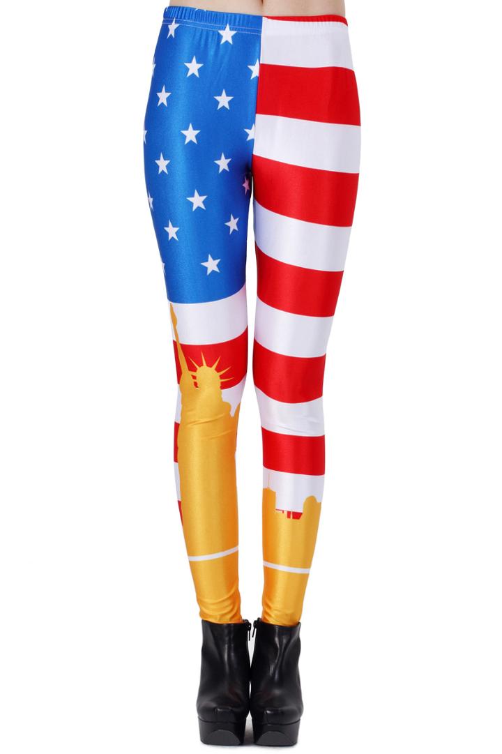 Romwe Romwe Lateral U.s.flag Yellow Statue Of Liberty Print Leggings