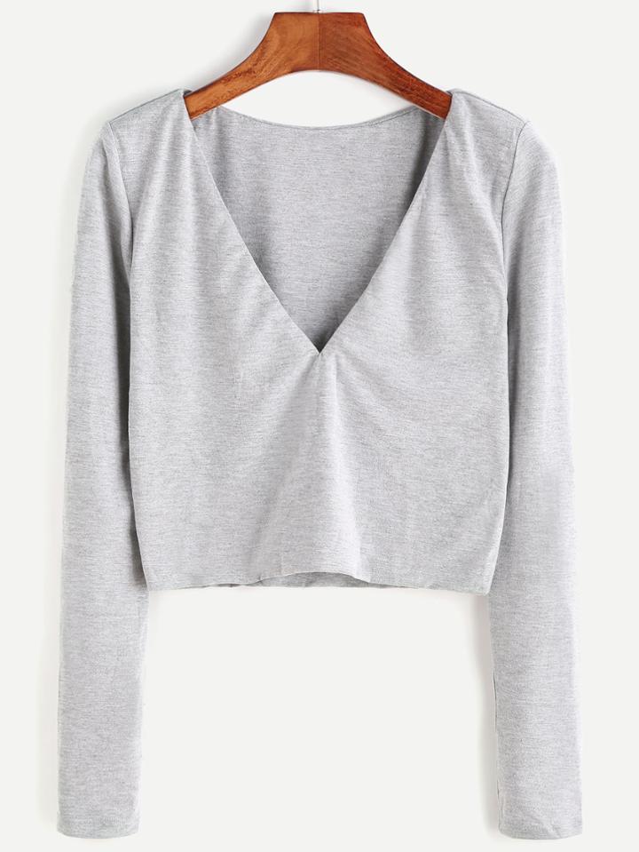 Romwe Heather Grey V Neck Crop T-shirt
