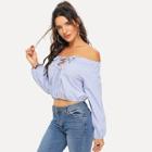 Romwe Striped Off The Shoulder Lace Up Front Blouse