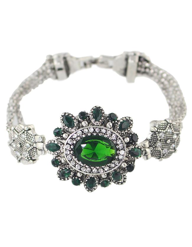 Romwe Green Rhinestone Flower Women Stone Bracelet