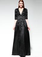 Romwe Black V Neck Half Sleeve Embroidered Beading Dress