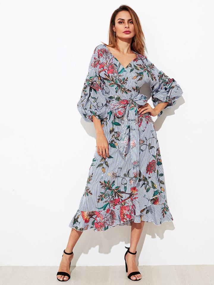 Romwe Mixed Print Gathered Sleeve Frilled Wrap Dress