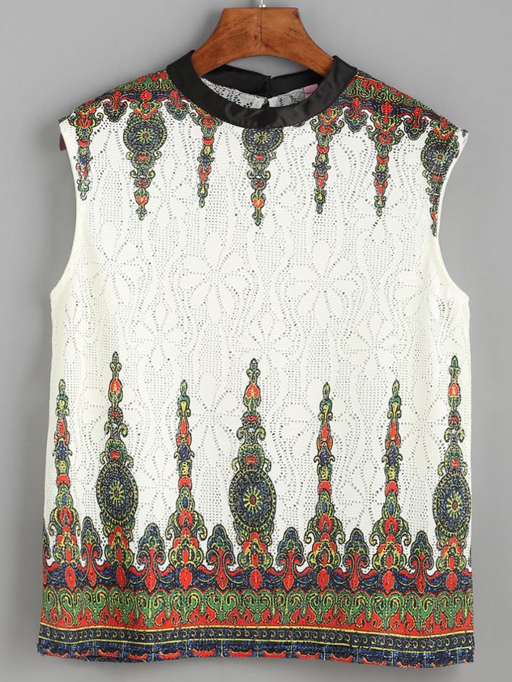 Romwe Contrast Neck Sleeveless Tribal Print Eyelet Top