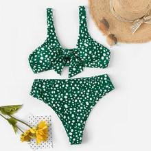 Romwe Dot Print Tie Front Top With High Waist Bikini