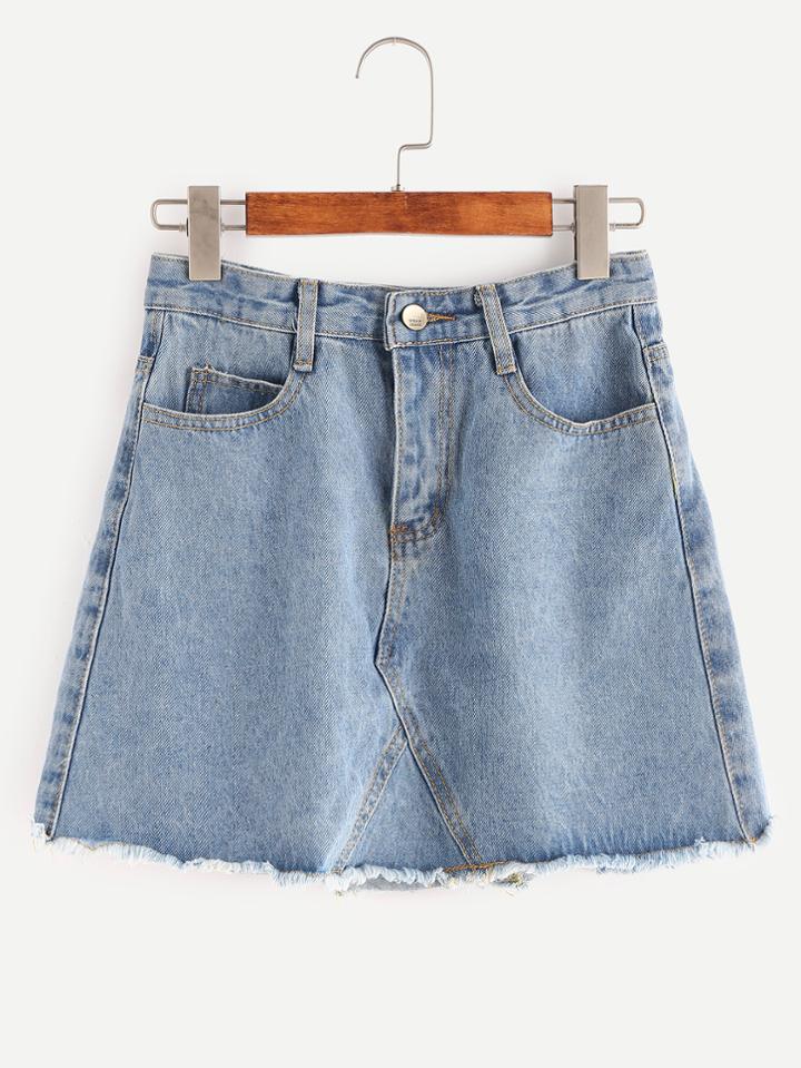 Romwe Blue Raw Hem Denim Skirt