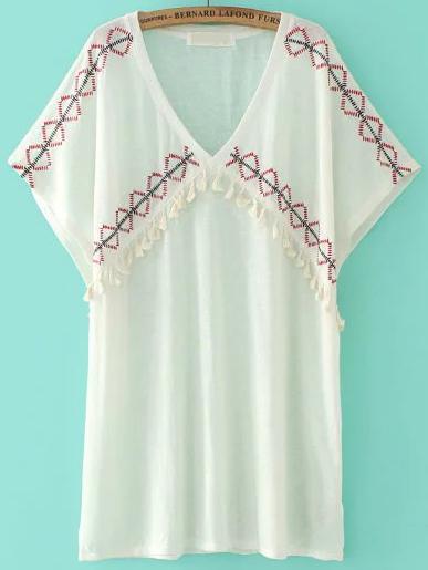 Romwe White Embroidery Tassel Trim Long Blouse