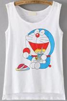 Romwe Dip Hem Doraemon Print White Tank Top
