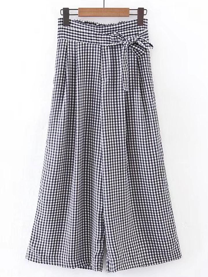 Romwe Bow Tie Waist Grid Wide Leg Pants