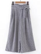 Romwe Bow Tie Waist Grid Wide Leg Pants