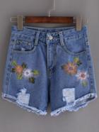 Romwe Ripped Tassel Embroidery Blue Denim Shorts