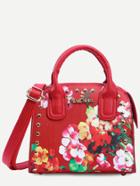 Romwe Red Flower Print Studded Structured Satchel Bag