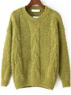 Romwe Cable Knit Fuzzy Green Sweater