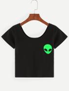 Romwe Black Alien Print Crop T-shirt