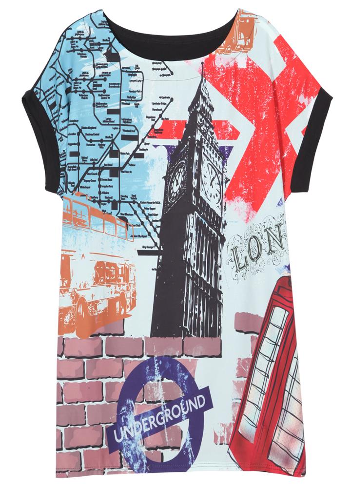 Romwe Building Print Round Neck Black T-shirt
