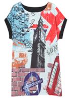 Romwe Building Print Round Neck Black T-shirt