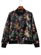 Romwe Black Jacquard Zipper Up Bomber Jacket