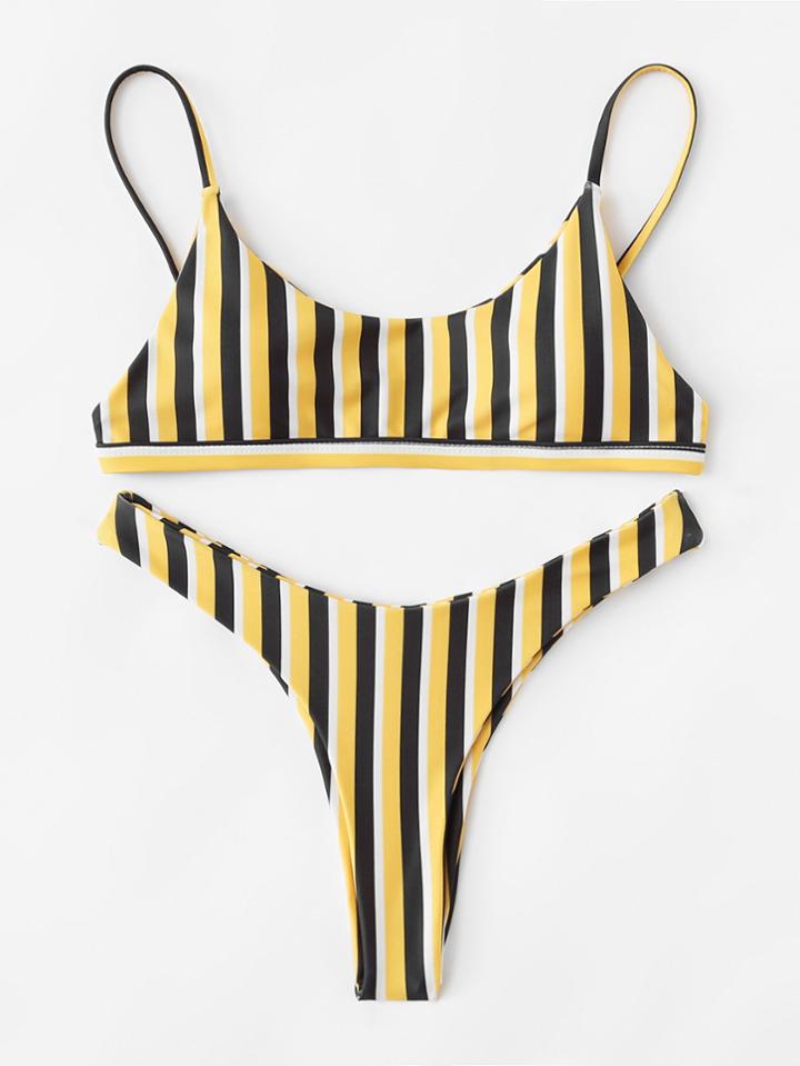 Romwe Striped High Leg Bikini Set