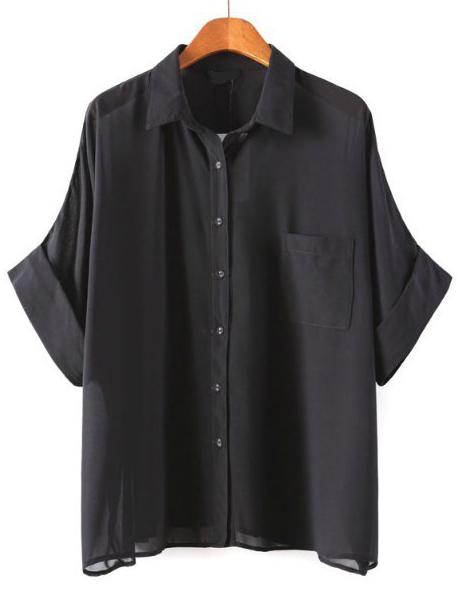 Romwe Batwing Pocket Loose Black Blouse
