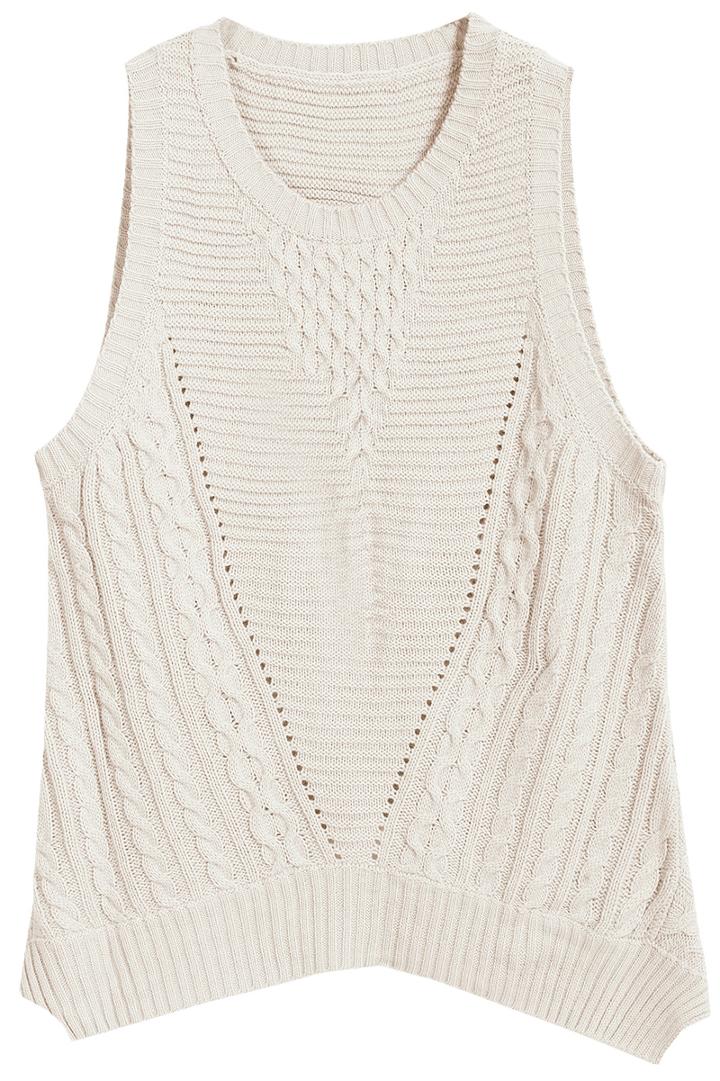 Romwe Sleeveless Cable Knit White Sweater