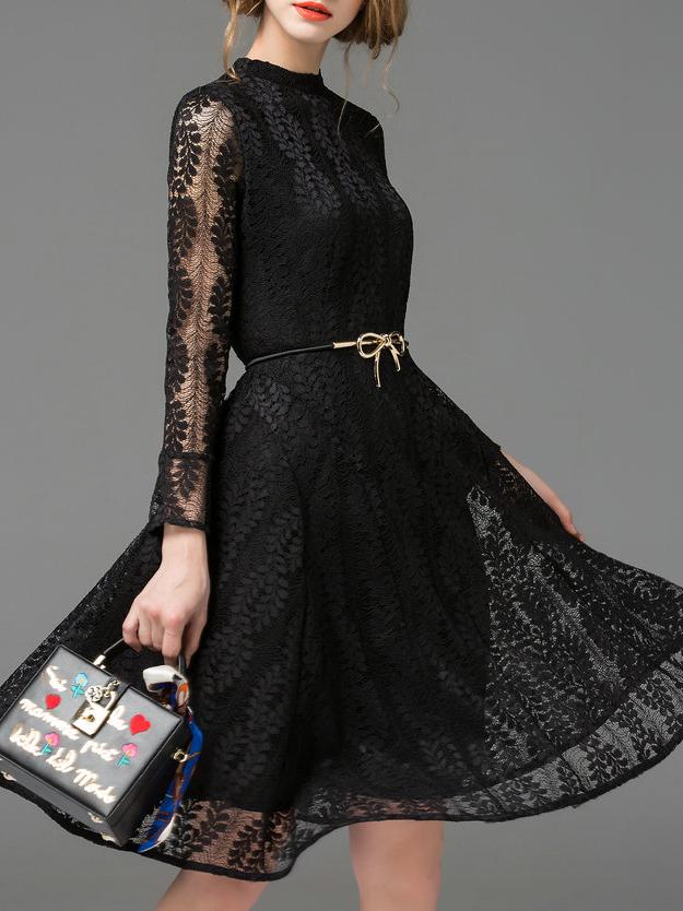 Romwe Black Crew Neck Belted Lace Dress